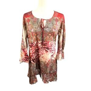 French Blue Bohemian Print Embellished Top in Cranberry & Greens Size M EUC